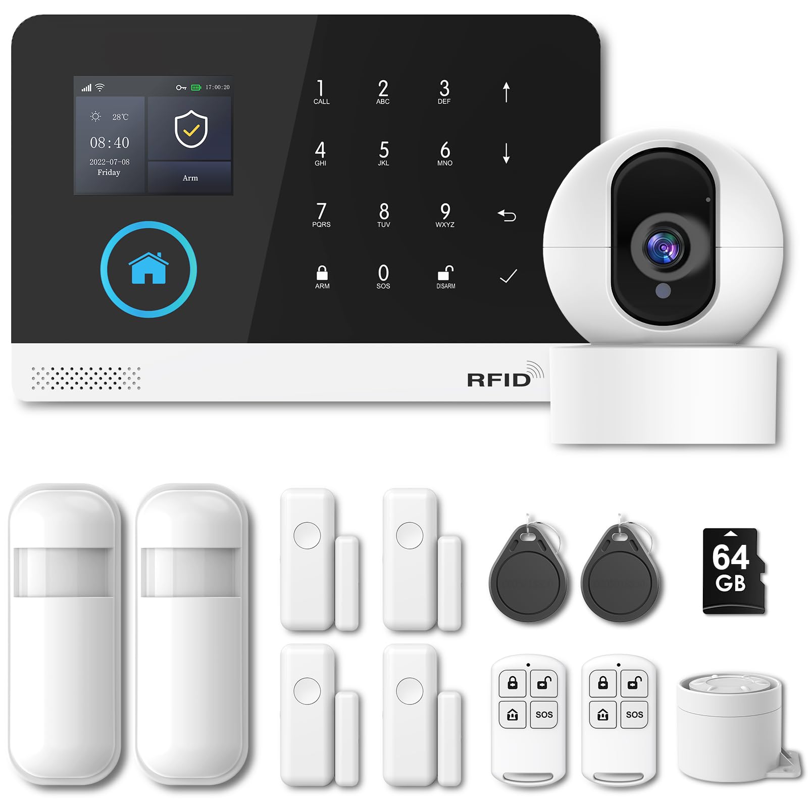 Clouree Home Security System with WiFi 2MP HD Secutity Camera,13 Piece Alarm Kits Home Security Camera System,Compatible with Alexa,Google Assistant,