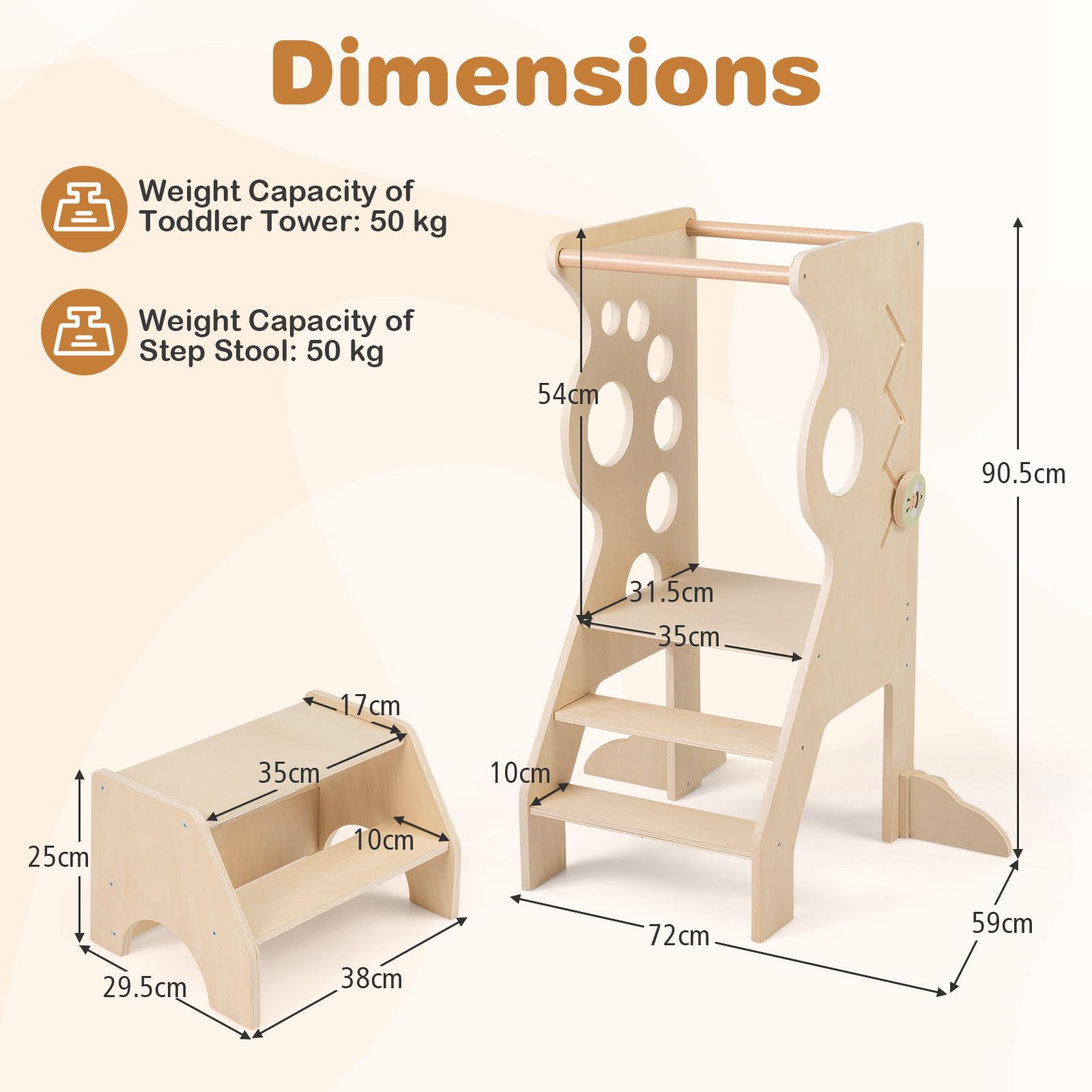 COSTWAY 3 in 1 Lernturm mit 2-Stufen-Hocker, Tritthocker aus Holz mit abnehmbaren Sicherheitsstangen & Linienspiele, Trittleiter & Kindersitzgruppe Montessori, Trittschemel für Kinder ab 3 Jahren