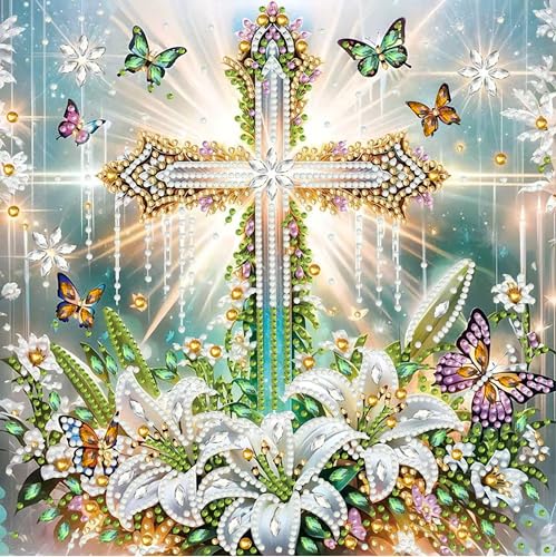 GEMOUJ Cross Flower Diamond Painting Kits for Adults 5D Cross Jesus Diamond Art Kits for Adults Beginners DIY Special Shaped Diamonds Dot Art Paintings for Home Wall Decor 12 X 12 inch