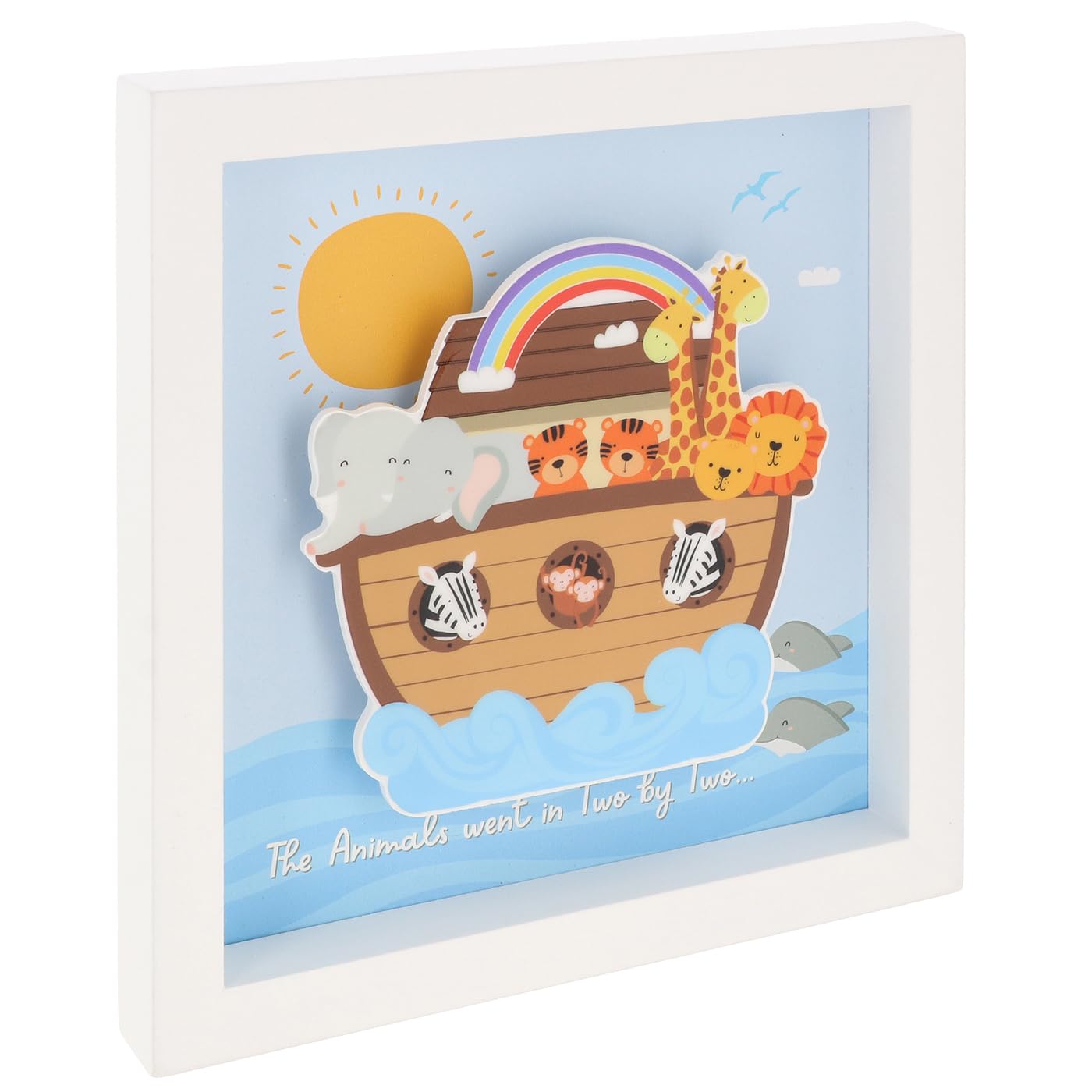 Shudehill Giftware Multicoloured Noah's Ark 3D Shadow Box Frame, Nursery Wall Art Decoration With Rainbow And Animals, Baby Room Decor, Wooden Frame