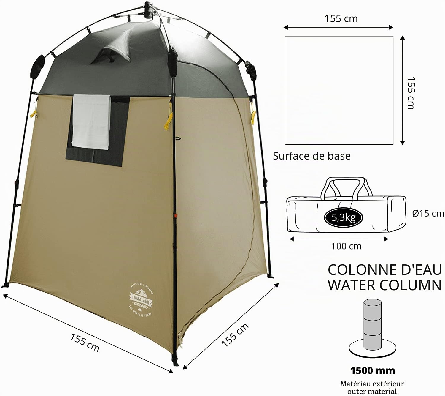 Lumaland Where Tomorrow Tente confidentialité Vestiaire Douche Toilette instantanée Camping Voyage Trekking Randonnée Pop Up 155x155x220 cm pluisers Couleurs