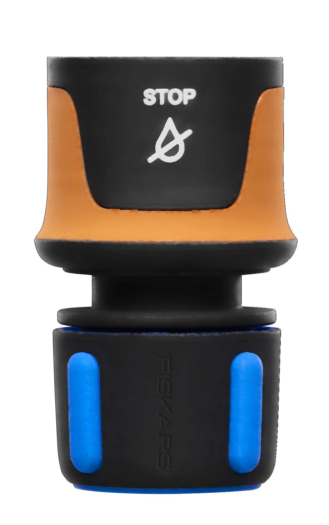 Fiskars Schlauchanschluss, Universalgröße, Ø 13-15 mm (1/2 - 5/8"), SoftGrip-Kontaktpunkte, 30 g, Schwarz/Orange/Blau, STOP, 1027079
