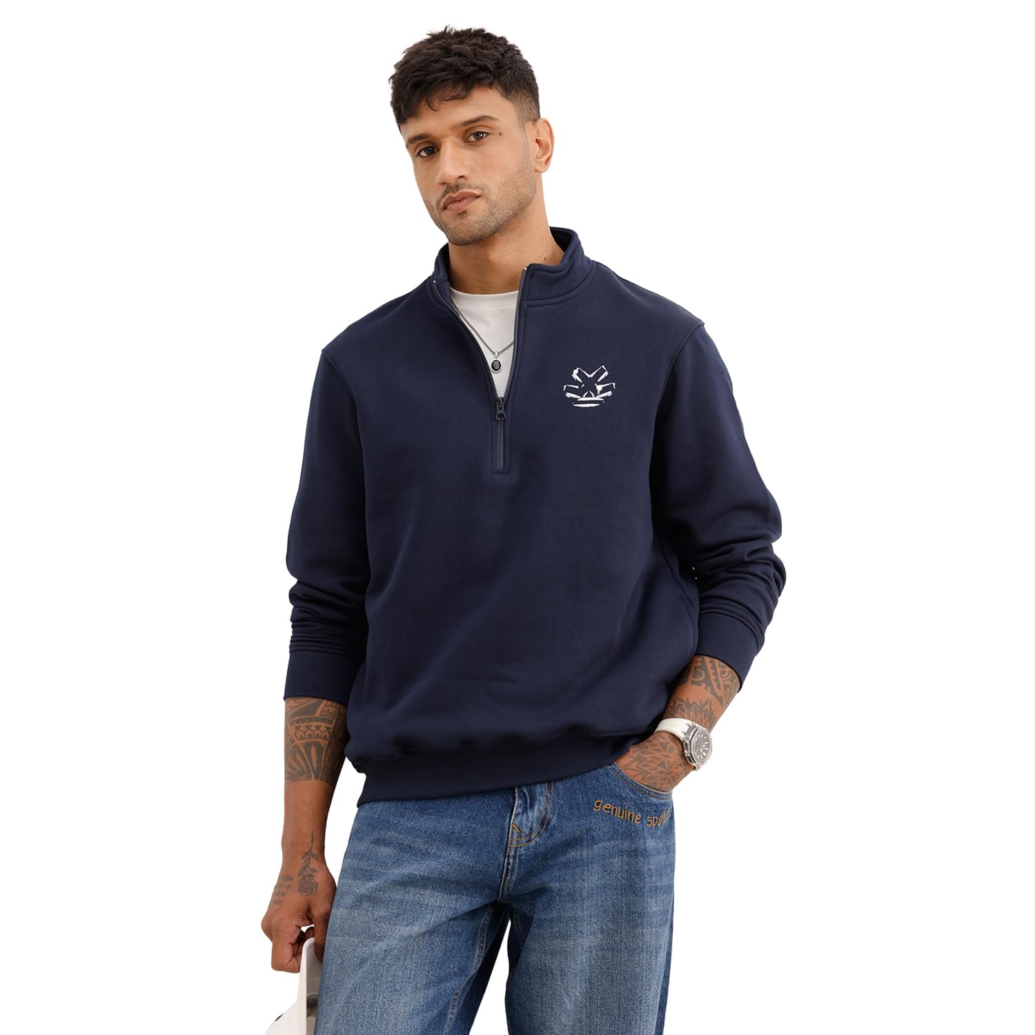 men's cotton blend sweatshirt | solid | high neck half-zip | comfort fit