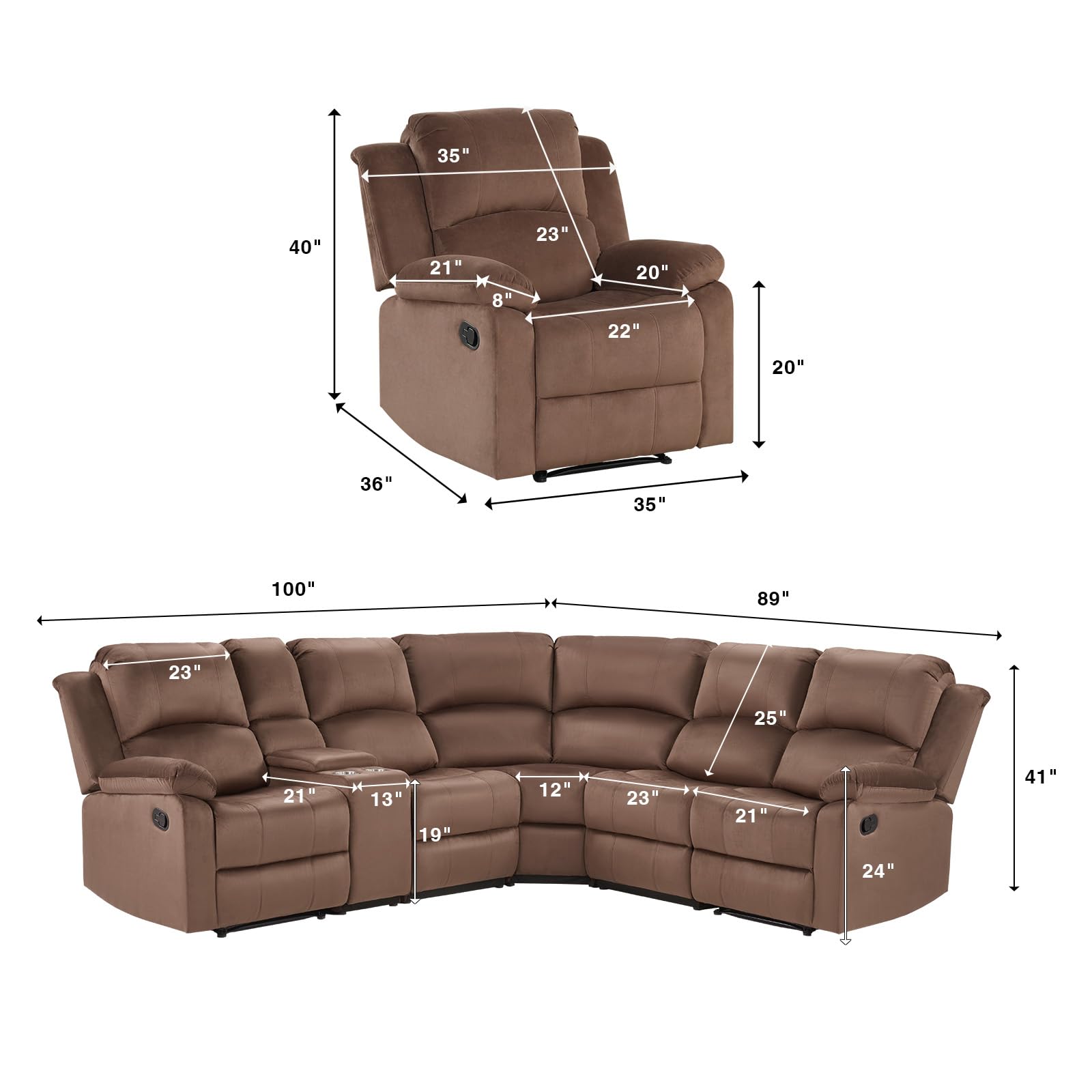 EBELLO Manual Reclining L-Shaped Sectional Sofa Set, Included Soft Microfiber Corner Couch and Recliner Chair with Center Console, Cup Holders, Recliner Sectional Couches for Living Room, Brown view 2