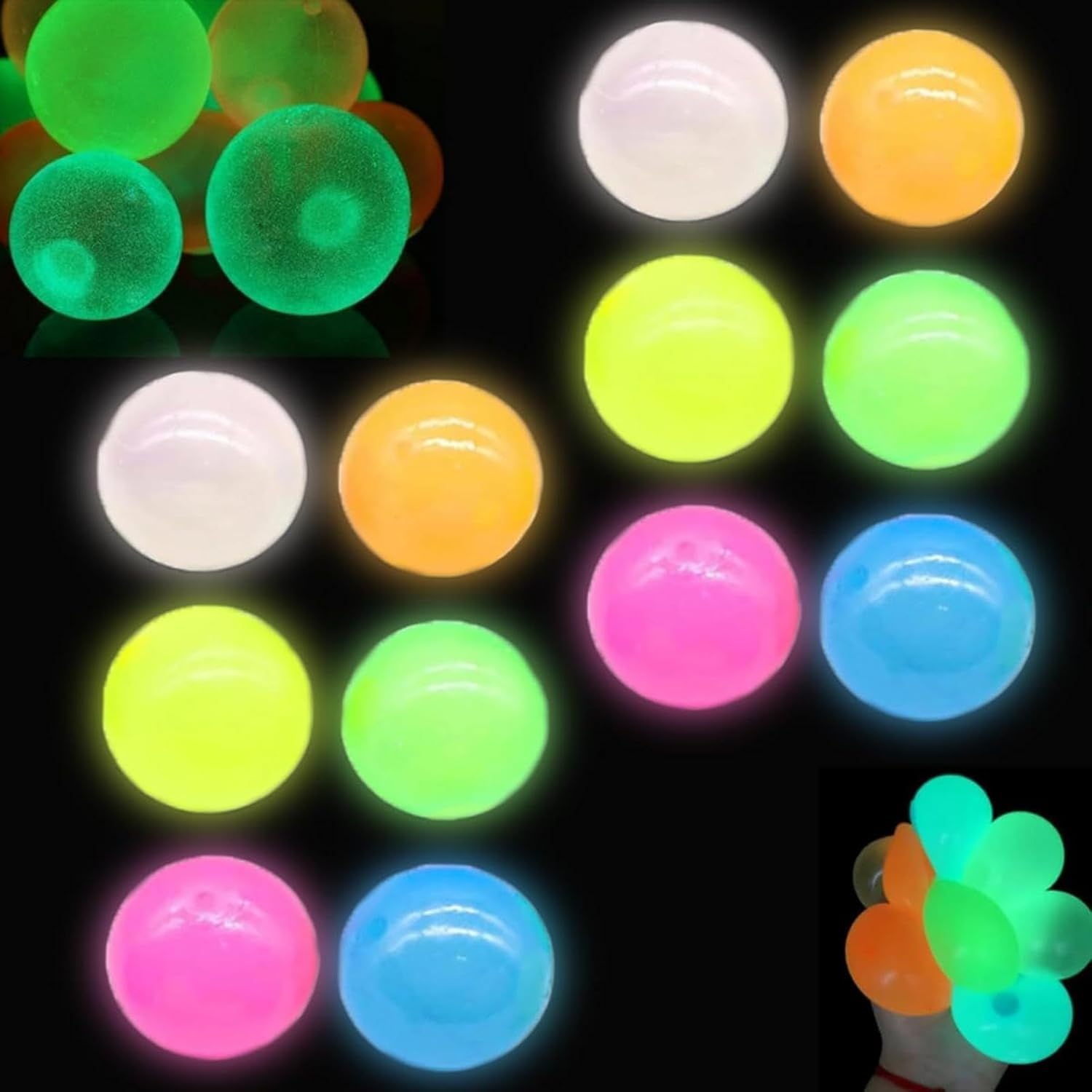 EHOTER Glows In the Dark Ceiling Balls Super Soft Sticky Glows Bounce Back Colorful Fidget Toys Sensory Toys Jumping Stress Relief Balls for Adults & Kids (12PCS)