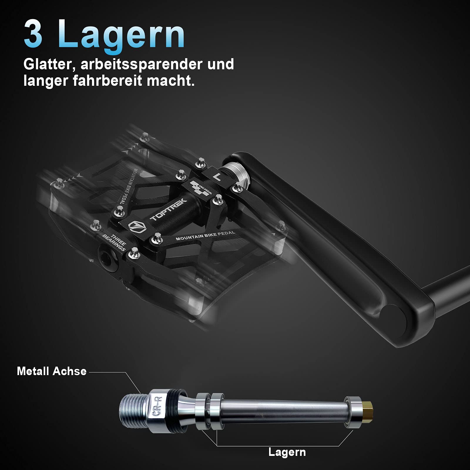 pedale mit längerer achse Toptrek Fahrradpedal 9/16 Zoll CNC Aluminium MTB 3 Abgedichtete Lager Fahrrad Pedalen rutschfest Breites Plattformpedal für E-Bike, Mountainbike, Trekking, Rennrad Pedale (schwarz Sport & Freizeit TITANOSAURUS: EIN RAD FÜR Attach Size:29x2.2