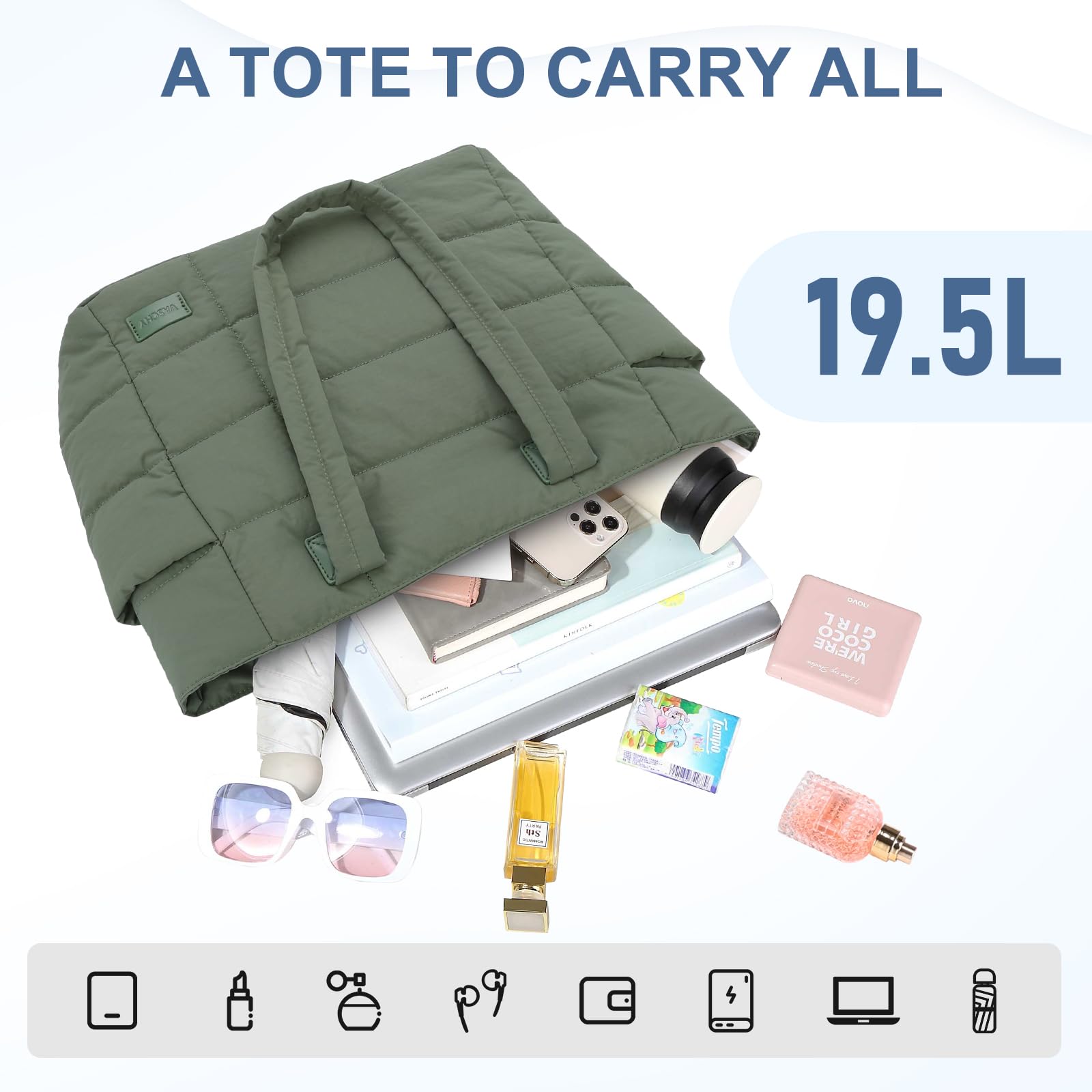VASCHY Bolso Acolchado Grande Mujer Poliéster Impermeable 19.5L