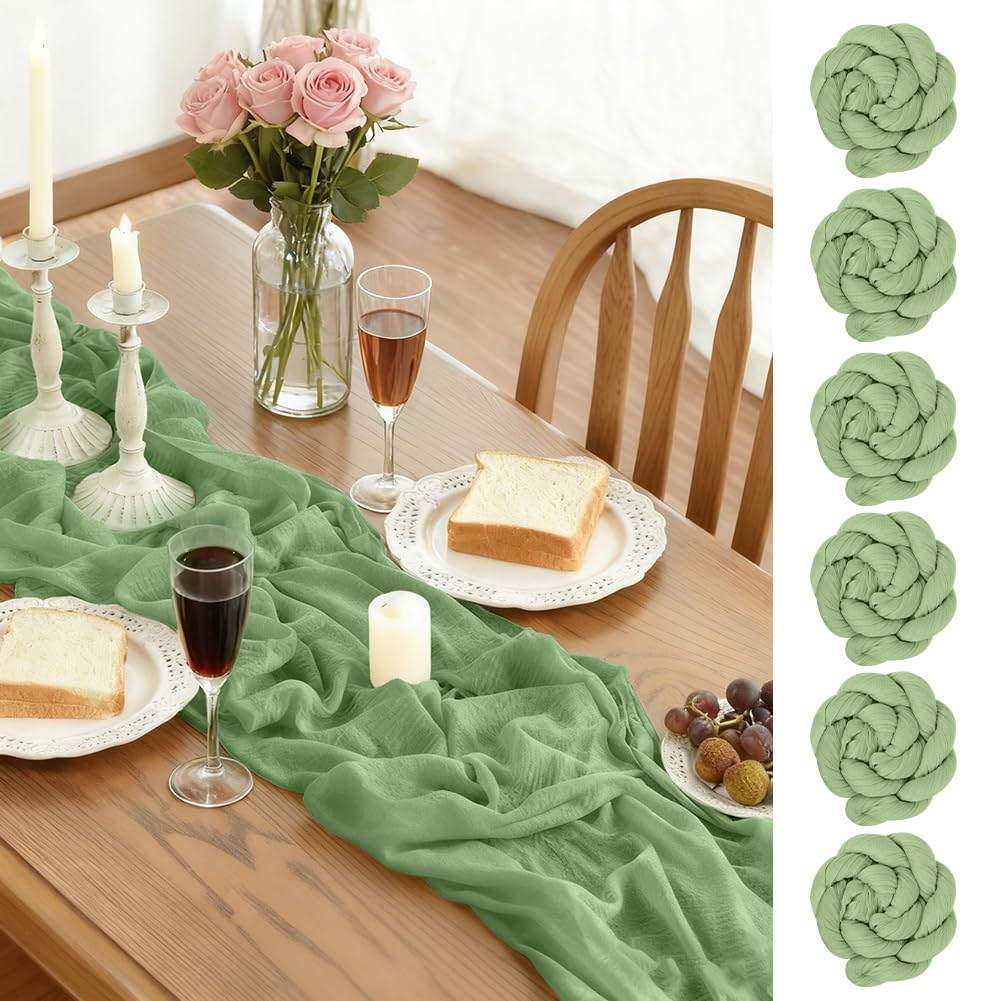 Bieżnik z gazy, 6 szt., 90 x 300 cm, przezroczysty bieżnik na stół, gaza boho, na stół weselny, na jesień, dekoracja, wesele, przyjęcie, baby shower, dekoracje urodzinowe, jasnozielony