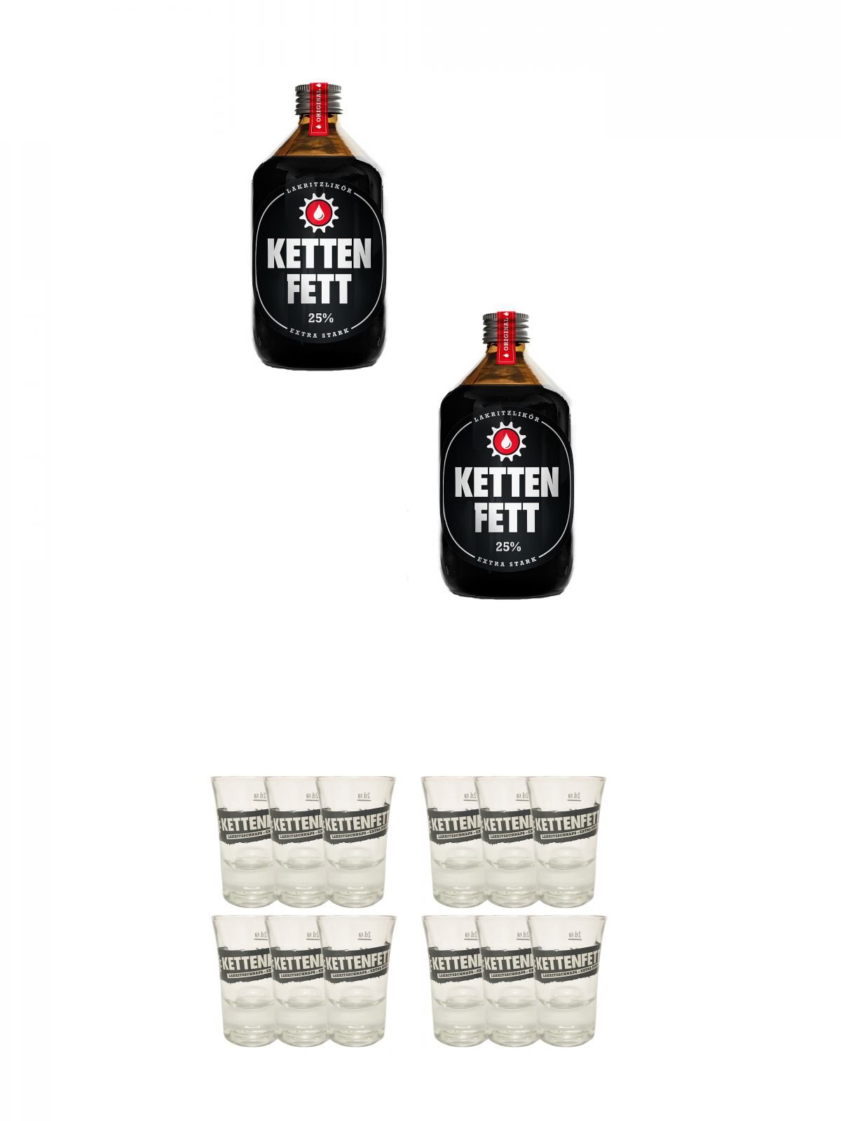 Kettenfett Lakritz Likör 2 x 0,5 Liter Kanne + Kettenfett Shot Glas 6 Stück + Kettenfett Shot Glas 6 Stück