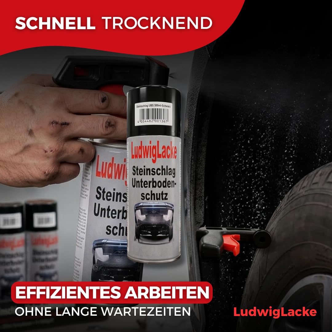 Ludwig Lacke® Unterbodenschutz Spray [6X 500 ml] inkl. Pistolengriff für Dosen – Steinschlagschutz & Rostschutz UBS – überlackierbare Unterboden Versiegelung - Bitumen Spray
