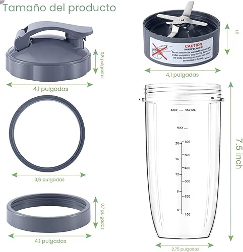 Miniatura 6 de Nutribullet - Juego de 7 tazas de licuadora y cuchilla de repuesto de 32 onzas con 1 tapa abatible para llevar y 1 anillo de tapa y cuchilla