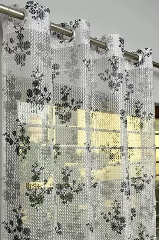 BEAUTIFULGHAR CREATIONS Polyester Floral Design Heavy Net Tissue Shemi Sheer Transparent Window Curtains (4X5Feet) Pack of 2 Pecs Black Flowers