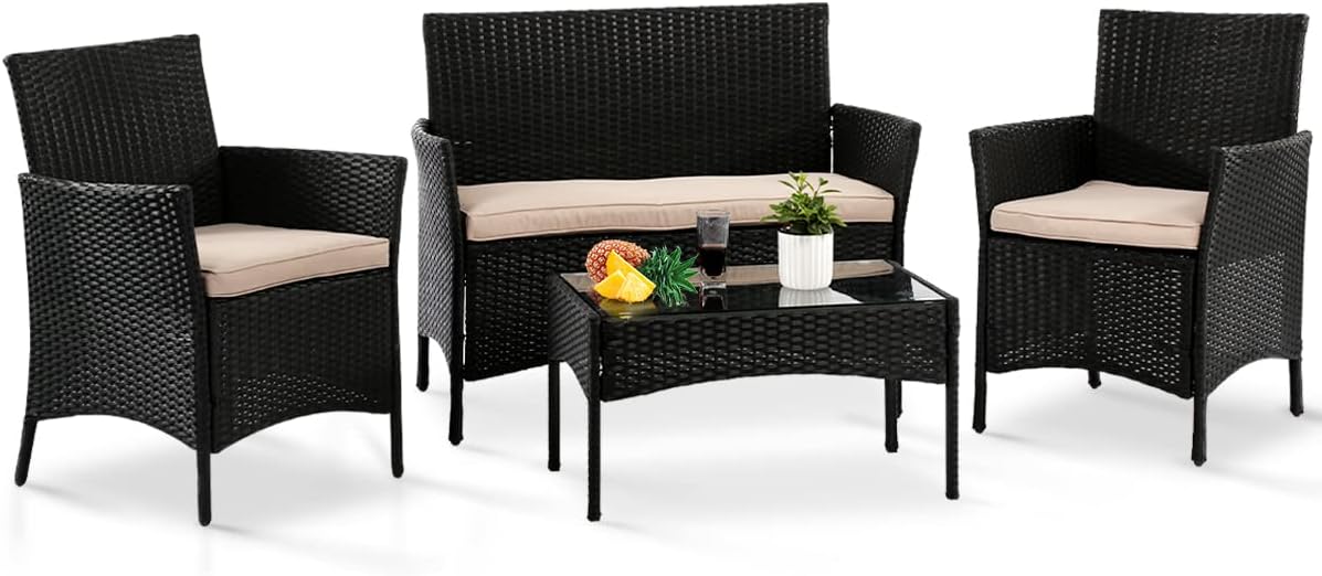 Dkeli 4 Pieces Outdoor Patio Furniture Wicker Bistro Sets with Thickened Cushions & Table Modern Rattan Chair Conversation Sets for Backyard Porch Poolside Lawn Garden, Black