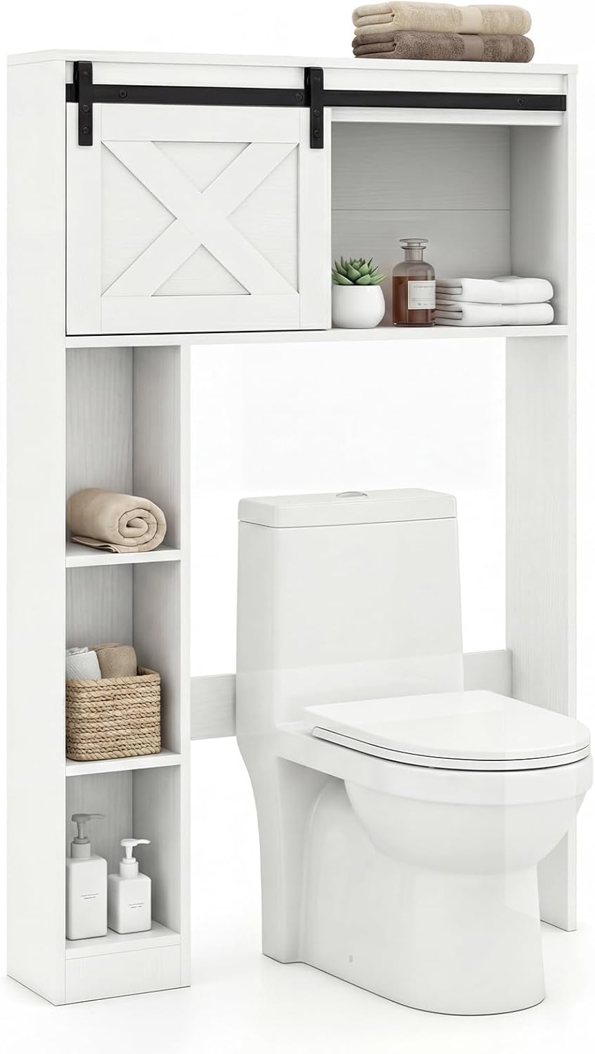 Over the Toilet Storage Cabinet, Freestanding Bathroom Organizer with Sliding Barn Door & Open Shelves, Farmhouse Bathroom Space Saver for Bathroom, Laundry Room, Balcony (White)