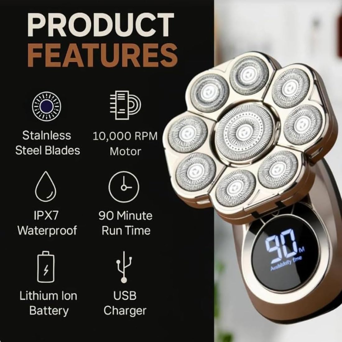 Rasoio elettrico per la testa BAWLDY 9.0 Ultra per uomo (B) | Rasoio rotante flottante 9D con design impermeabile IPX7, rifinitore elettrico 6 in 1 per uso a secco e bagnato
