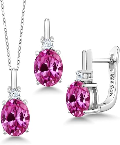 Miniatura 5 de Gem Stone King 7.25 ct Rosa Ovalada Creado Zafiro 925 Plata de Ley Colgante y Pendientes Conjunto de Joyería, Metal Gema, Zafiro sintético Circonia