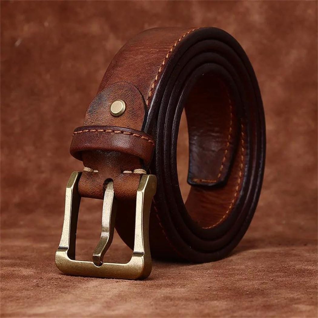 Men's Wide Leather Belt - 3.8 cm Solid Cowhide with Brass Buckle, Western Design