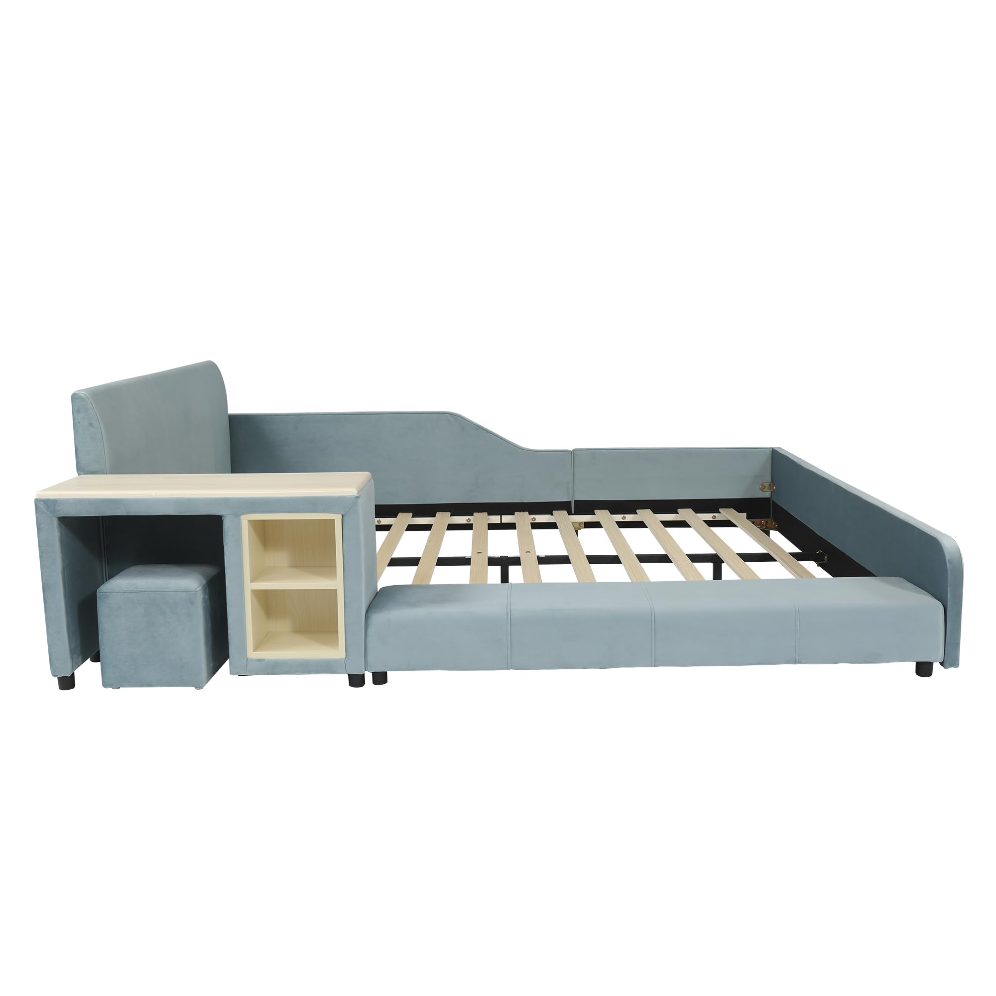 Letto imbottito con scrivania per bambini e sgabello, con ripiano, 140 x 200 cm, letto singolo, letto matrimoniale con testiera e rete a doghe, in velluto, blu