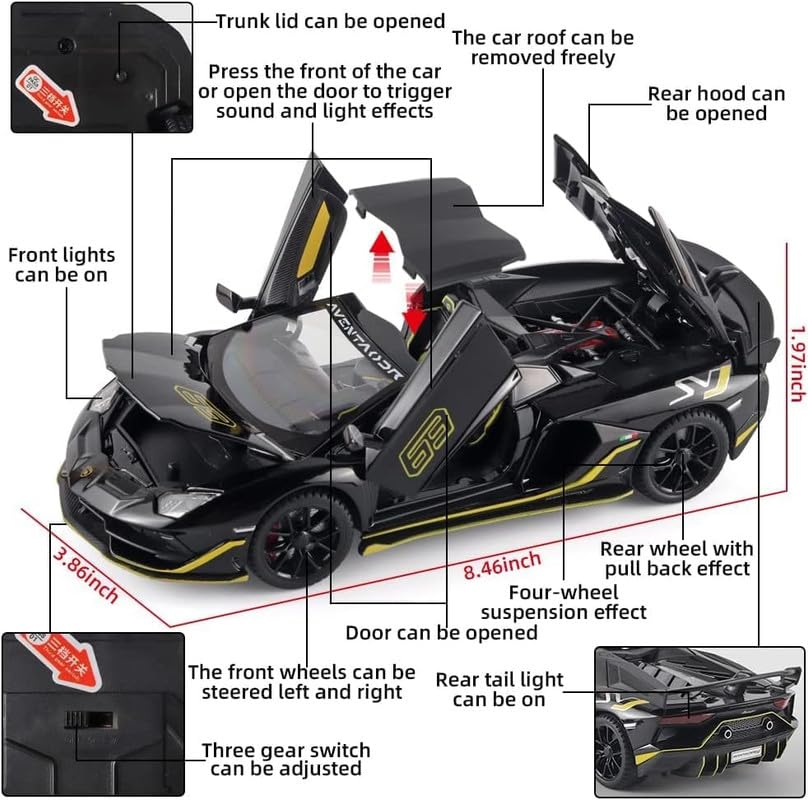 Image of Model 1:24 Lamborghini Avantadoor SVJ 63 Model Alloy Metal Pull Back Die-cast Car Openable Doors with Sound and Light Vehicle Car Toy for Kids - Multicolor