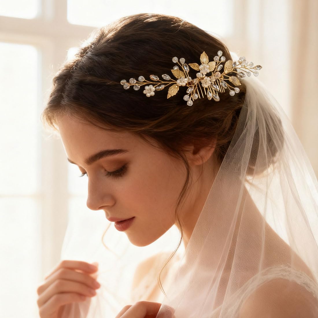 Adorno Capilar de Hojas, Adorno de Pelo de Novia para Boda con Horquillas, Flores y Hojas con Perlas y Cristal, Peine de Pelo en Oro, Peine de Novia Elegante Hecho a Mano/Pinza para Mujeres