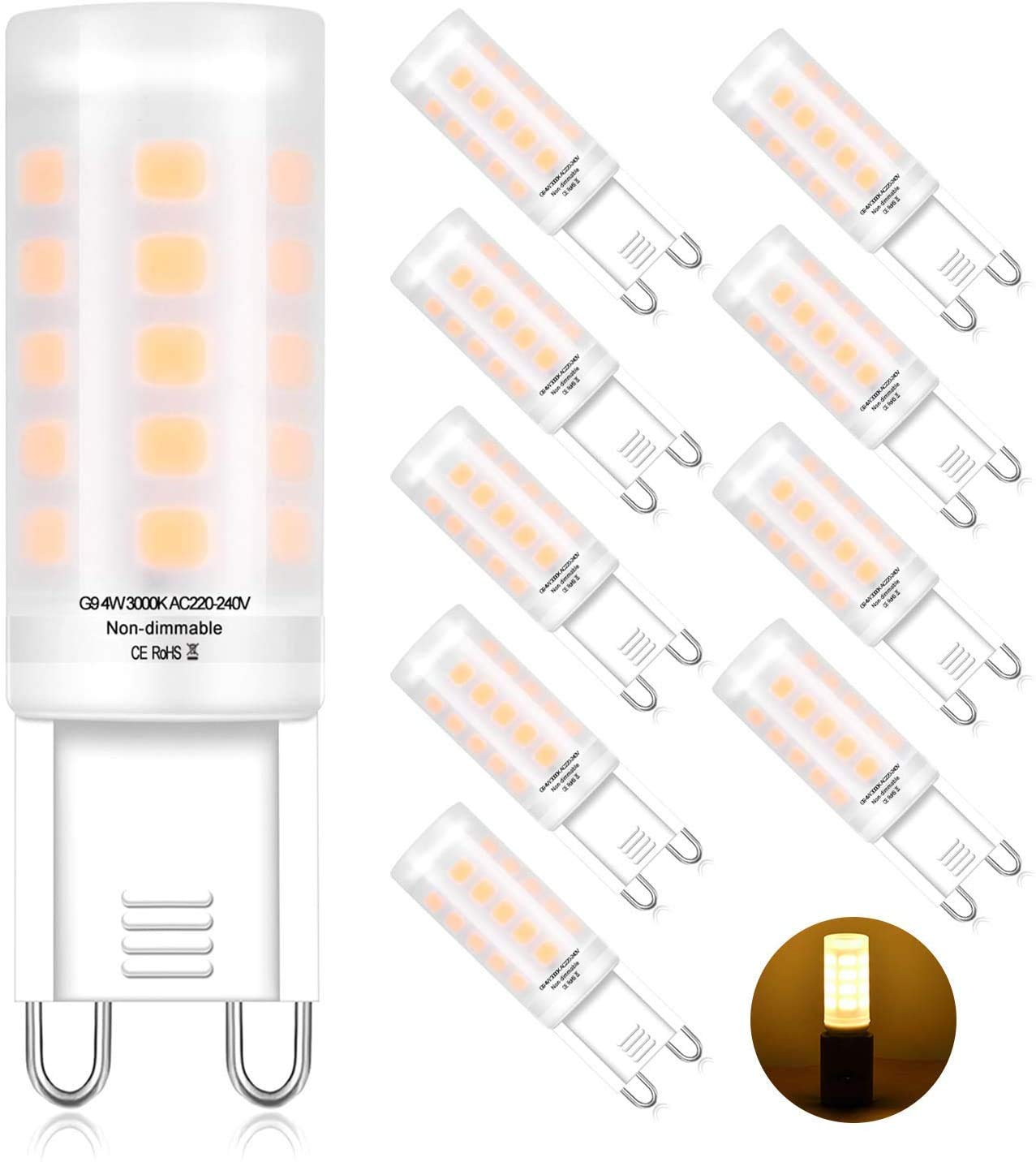 G9 LED Bulbs 4W, 28W 40W Halogen Bulbs Equivalent 380lm, Warm White 3000K, AC220-240V, 360°Beam Angle, No Flicker, Milky Cover Non Dimmable, 10 Pack lsmaa