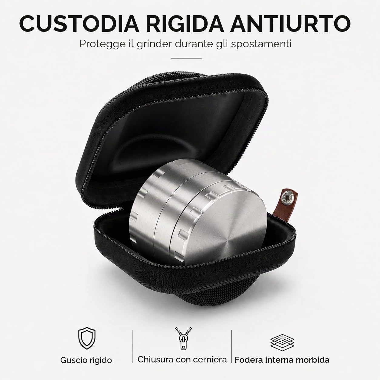 Grinder Premium - Macinino per erbe aromatiche in acciaio inox, 4 pezzi, Ø 63 mm, con custodia protettiva con chiusura lampo, raschietto per polline, pennello e boccaglio