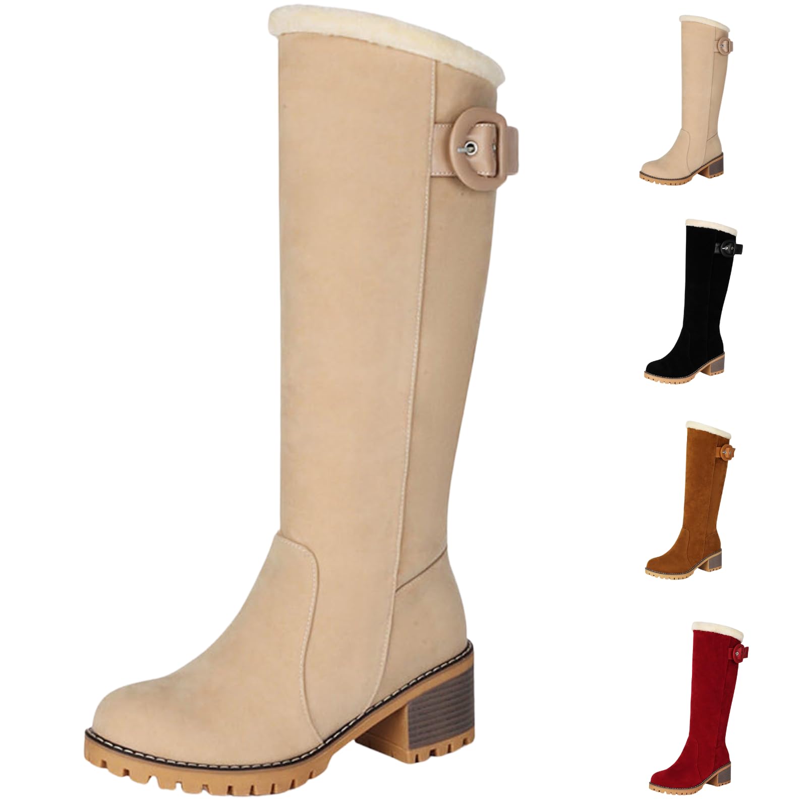 Womens Snow Boots Fleece Lined Mid Calf Boots Adjustable Buckle Strap Heel Warm Winter Shoes Outdoor Skiing