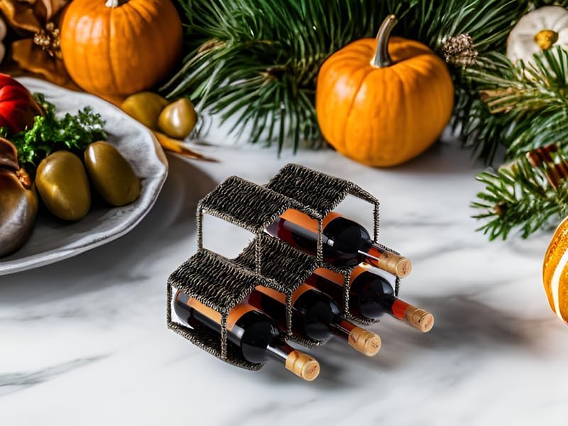 Miniatura 6 de CENBOSS Estante de vino para encimera, pastos marinos y metal, estante de vino de mesa para varias botellas de vino, soporte de vino independiente