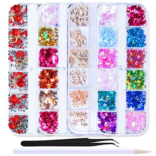 WOKOTO 4 Boxes 3D Nail Art Decoration Kit Nail Glitter Sequins Rhinestone Metal Nail Charm Manicure Jewelry With 1Pc Tweezers And Picker Pencil