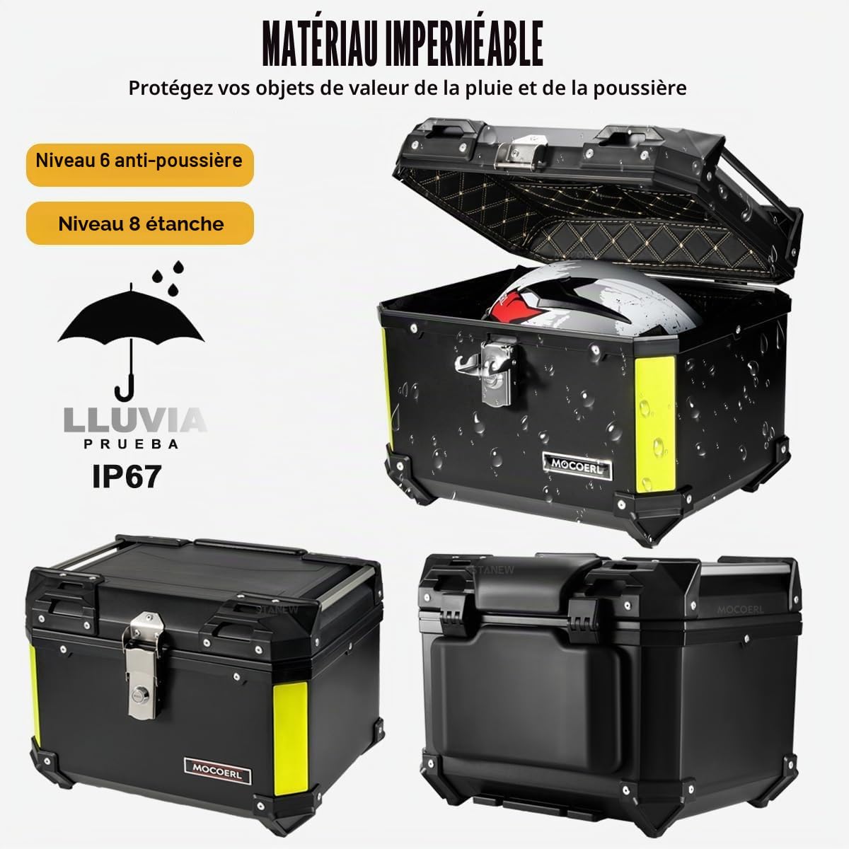 MOCOERL Top Case Moto, ABS Coffres et Bagages Moto,Bagagerie pour Casques et Bagages Scooters,Support de Fixation Universel (45, litres, E-570)