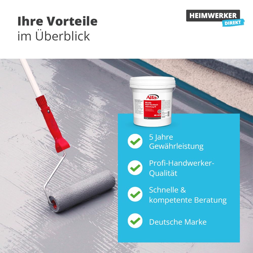 Alfa Flachdachabdichtung 7 kg Flüssigkunststoff für Dach – Garagendach | Profi Qualität – Gebrauchsfertiger Flüssigkunststoff für Flachdächer, Garagen und Carports, UV-beständig und rissüberbrückend