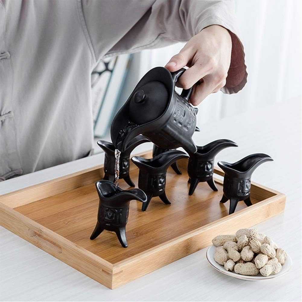 7 Piece Sake Set Japanese Style Black Ceramic Retro Crafts Wine Bottle Combination (Color : Green) (Green) (Black)