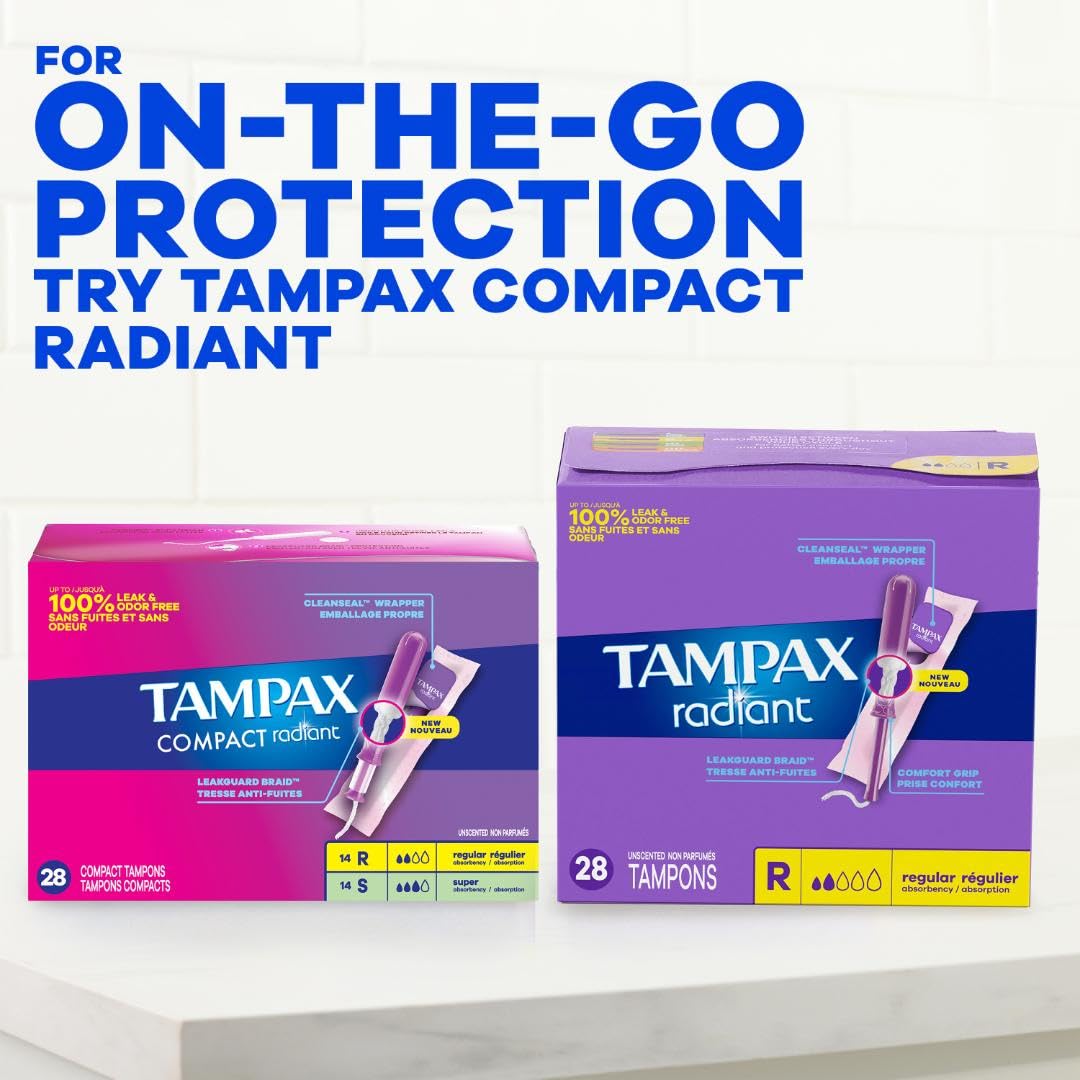 Tampax Radiant Tampons for Women Multipack, with LeakGuard Braid, Regular/Super Absorbency, Unscented, 84 Count (3 Packs of 28)
