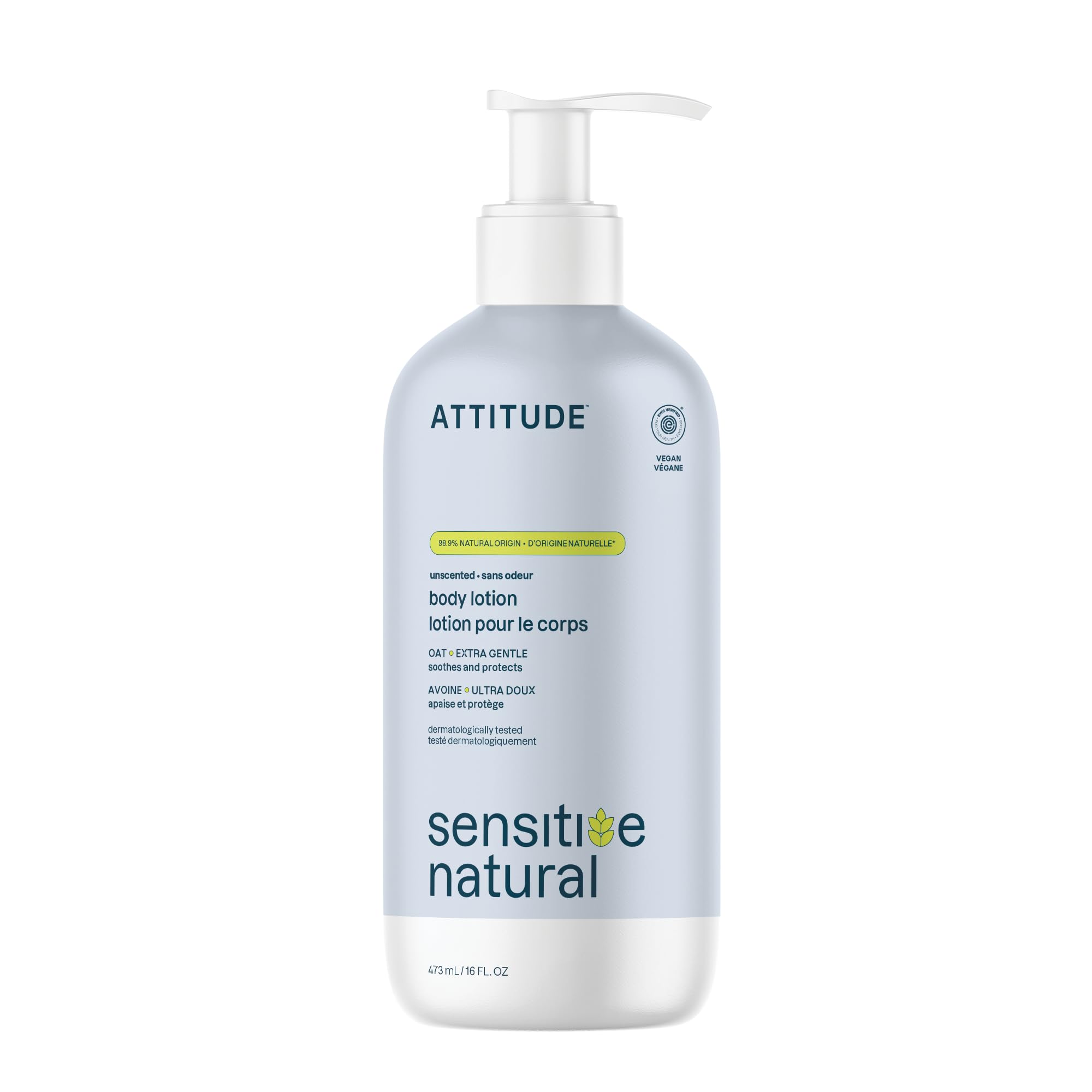 ATTITUDE Body Lotion for Sensitive Skin with Oat, EWG Verified, Dermatologically Tested, Vegan, Extra Gentle, Unscented, 473 mLEWG Verified