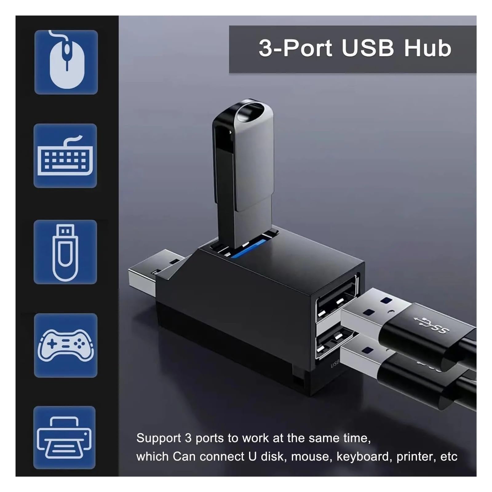 3-portowy USB 3.0 Hub Adapter Plug and Play do laptopa PC Mac (czarny 1 szt.)