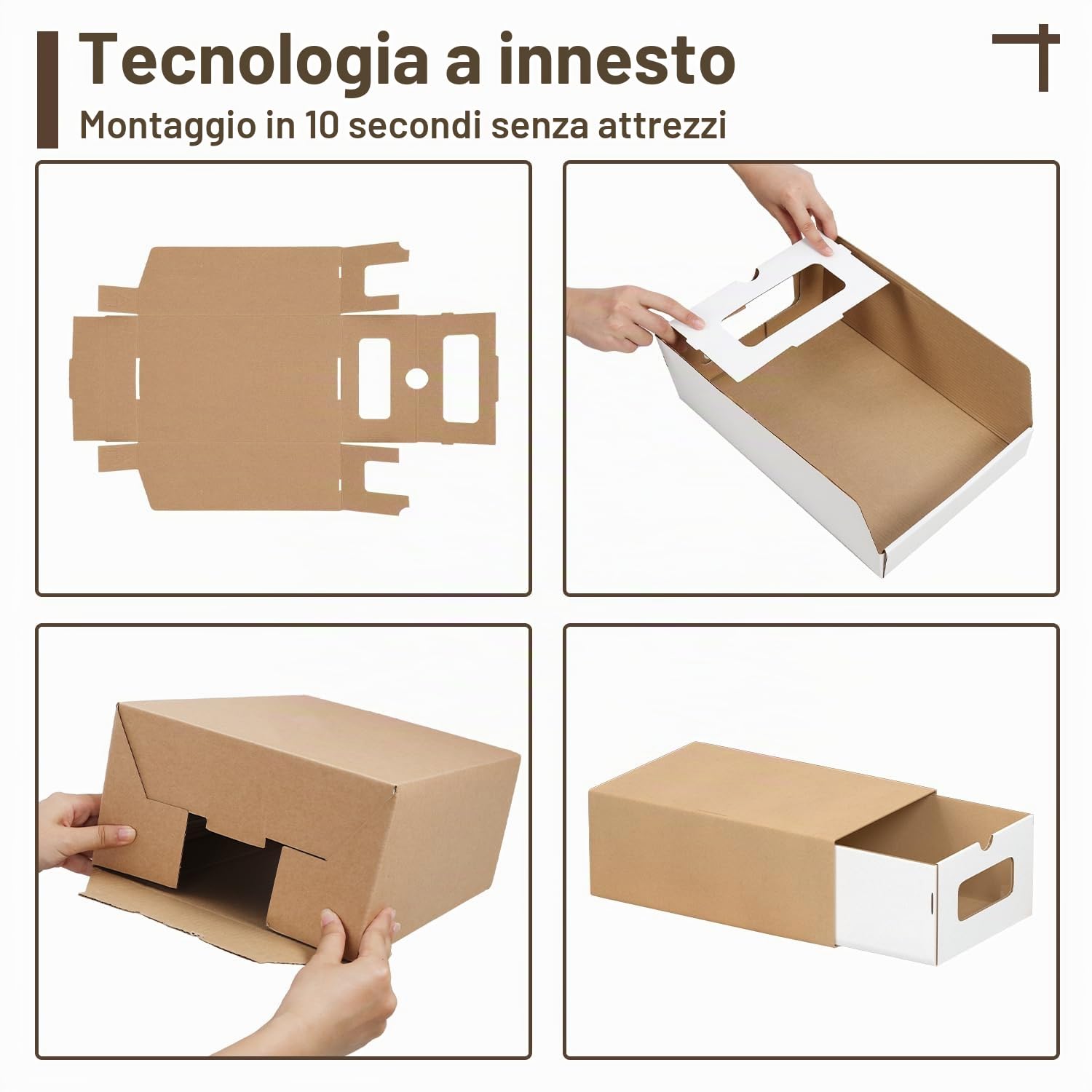 20 x portascarpe bianco/marrone con finestra – Scatola pieghevole 35 x 23 x 13,5 cm, impilabile, scatola per scarpe, cassetto, scatola multiuso in cartone kraft fino a 45