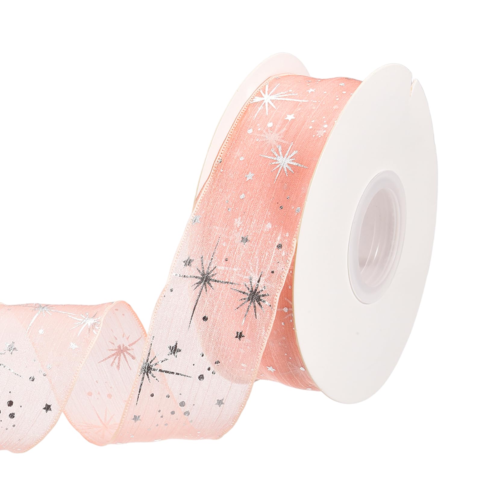 PATIKIL Star Ribbon, (4cm x 9 Meters, Pink), Silver Stars Print Trim Sheer Organza Chiffon Polyester Fabric Ribbon, Suit for Sewing/Making Crafts/Gift Wrapping/Wreaths