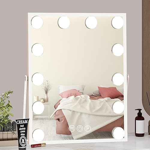 10" x 12" Vanity Mirror with Lights,Portable Travel Mirror with 12 LED Lights Bulbs,Lighted Makeup Mirror with 3 Color Lighting Modes,Mirror with Lights for Makeup Desk ＆ Dressing Room,White