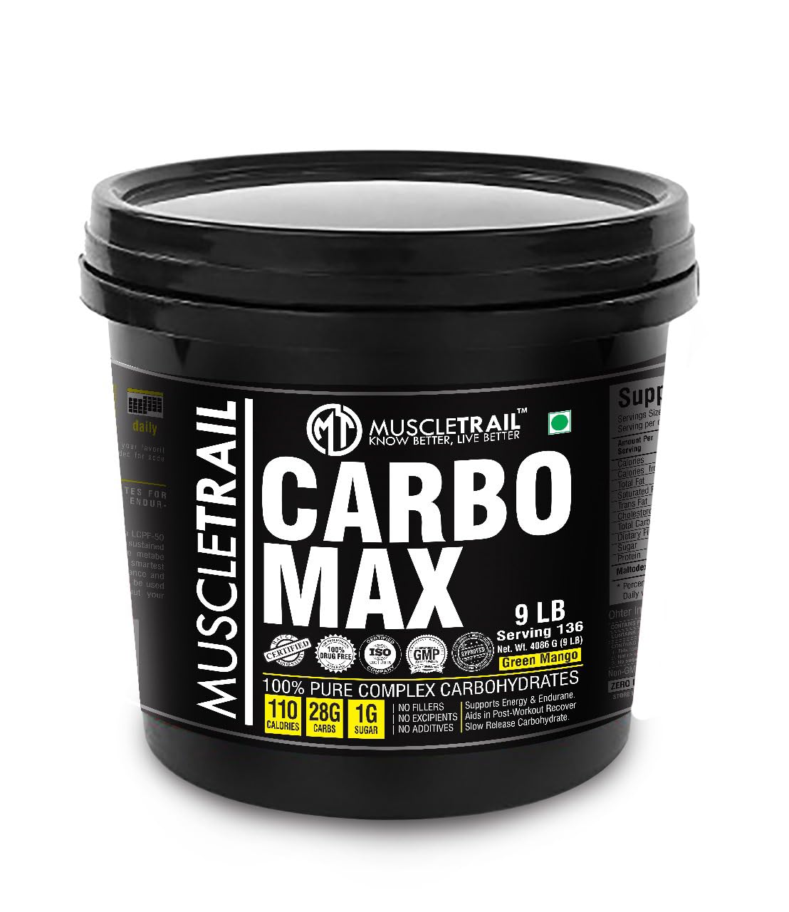 Muscle Trail Carbo Max | 28g Carbs | Lean muscle mass | Weight gainer | 110 Calories | 1g Sugar | Complex Carbohydrates for gain | Post Workout Recovery