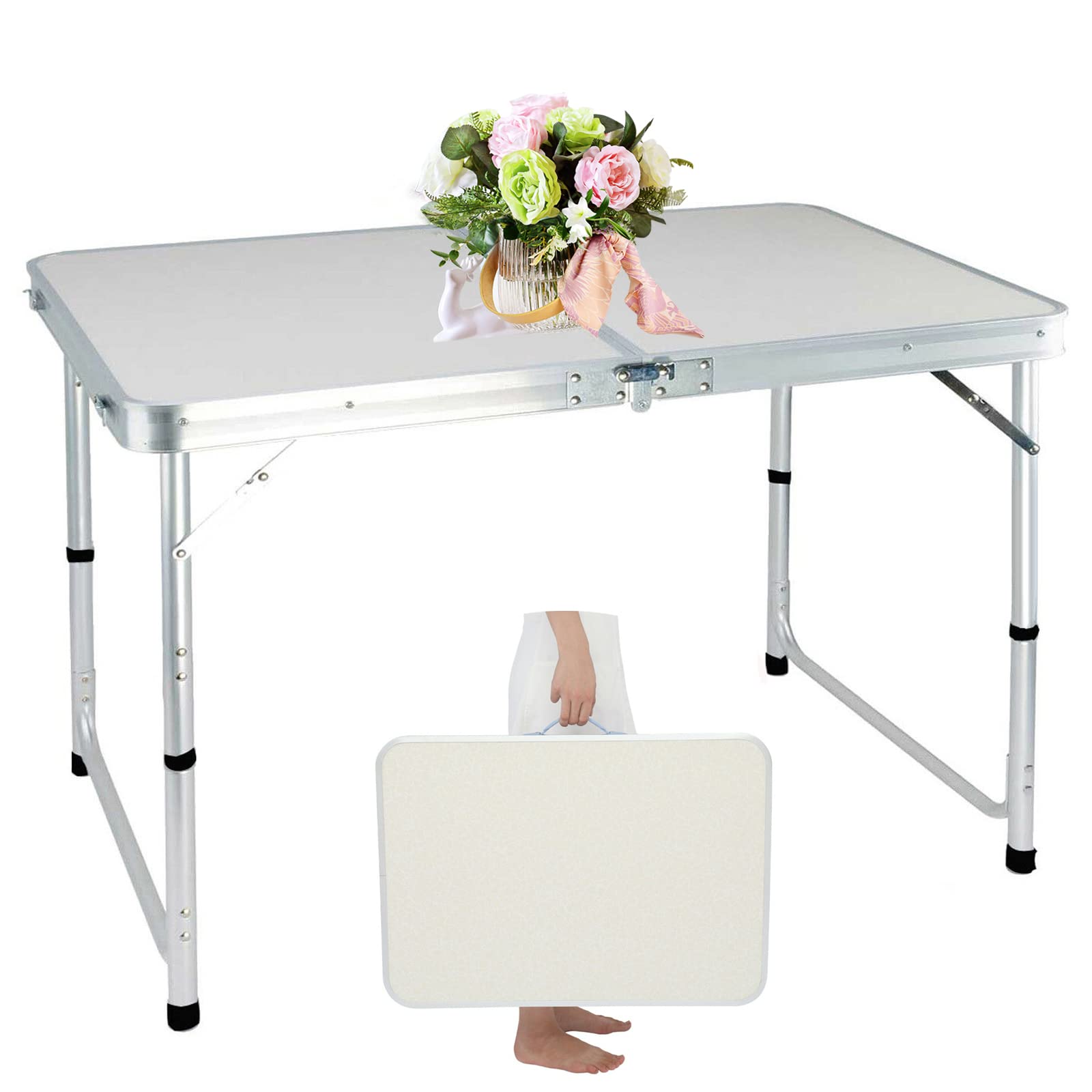 4FT Folding Aluminium TV Table Height Adjustable Tea Coffee Snack Bedside Laptop Table Dinner Party Picnic Occasional Table Folded in Half with Carry Handle