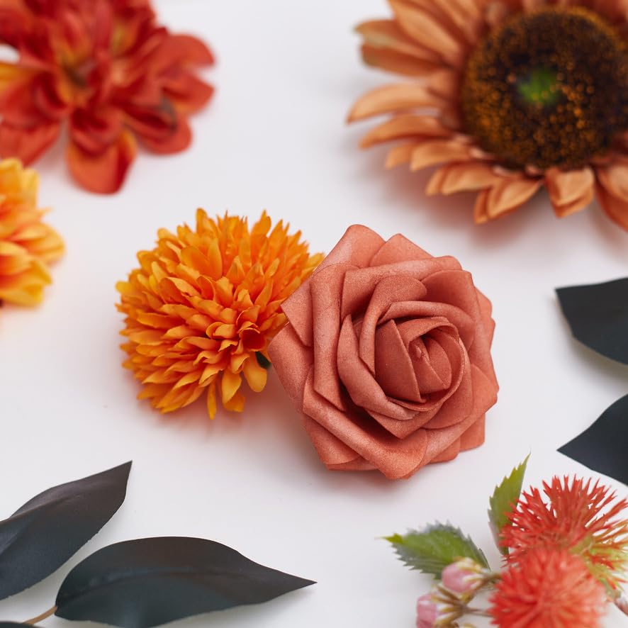 The Baked Studio - Artificial Silk Flower Heads & Foilage for Cake Decorating Weddings & Crafts (White, Orange & Burnt Orange) - Image 2