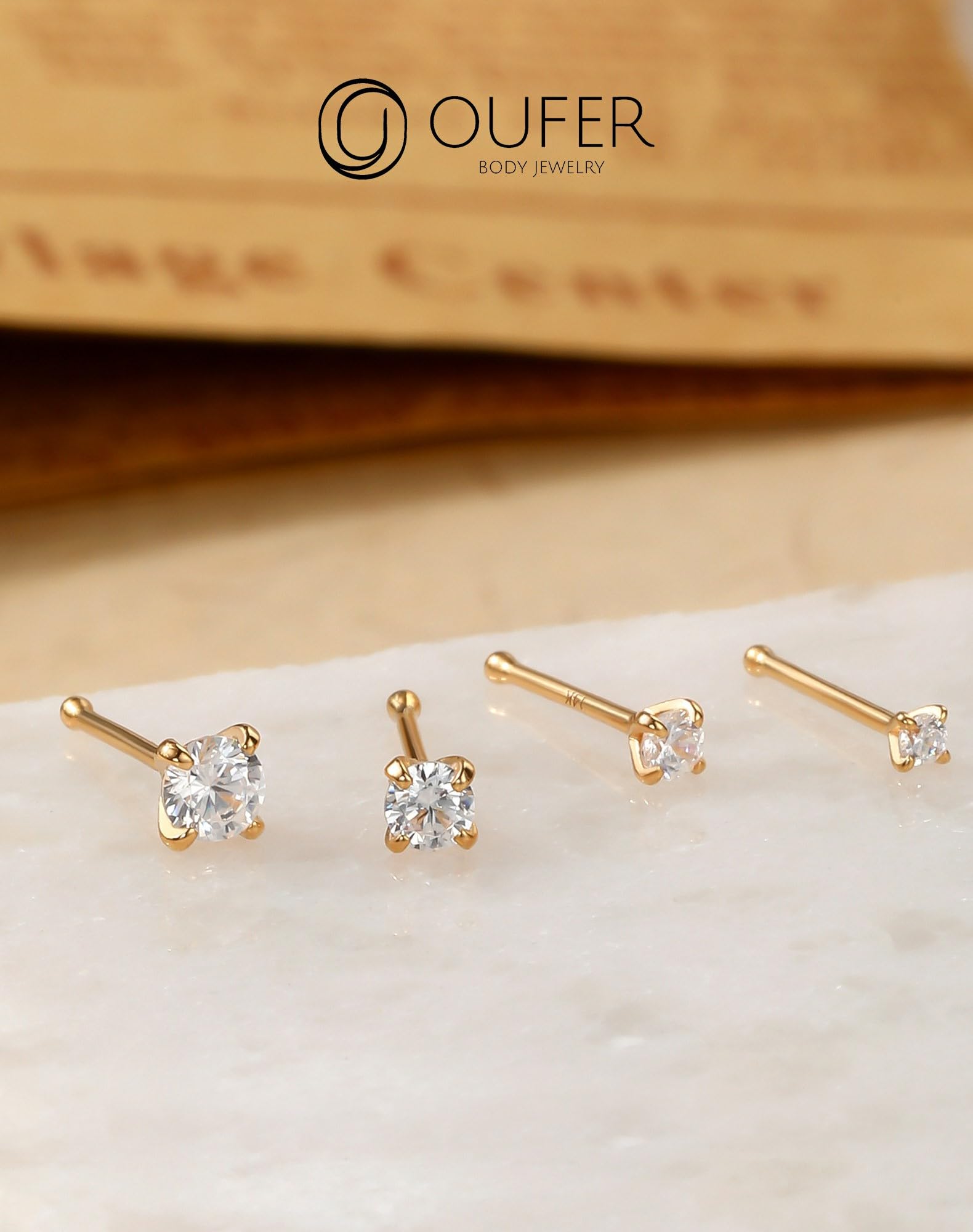 OUFER Body Piercing Nose Stud 14K Gold Nose Bar Clear 1.5/2/2.5/3mm CZ Nose Rings Bone Studs 22G Nostril Piercings Tiny Nose Piercing Jewelry for Women Men