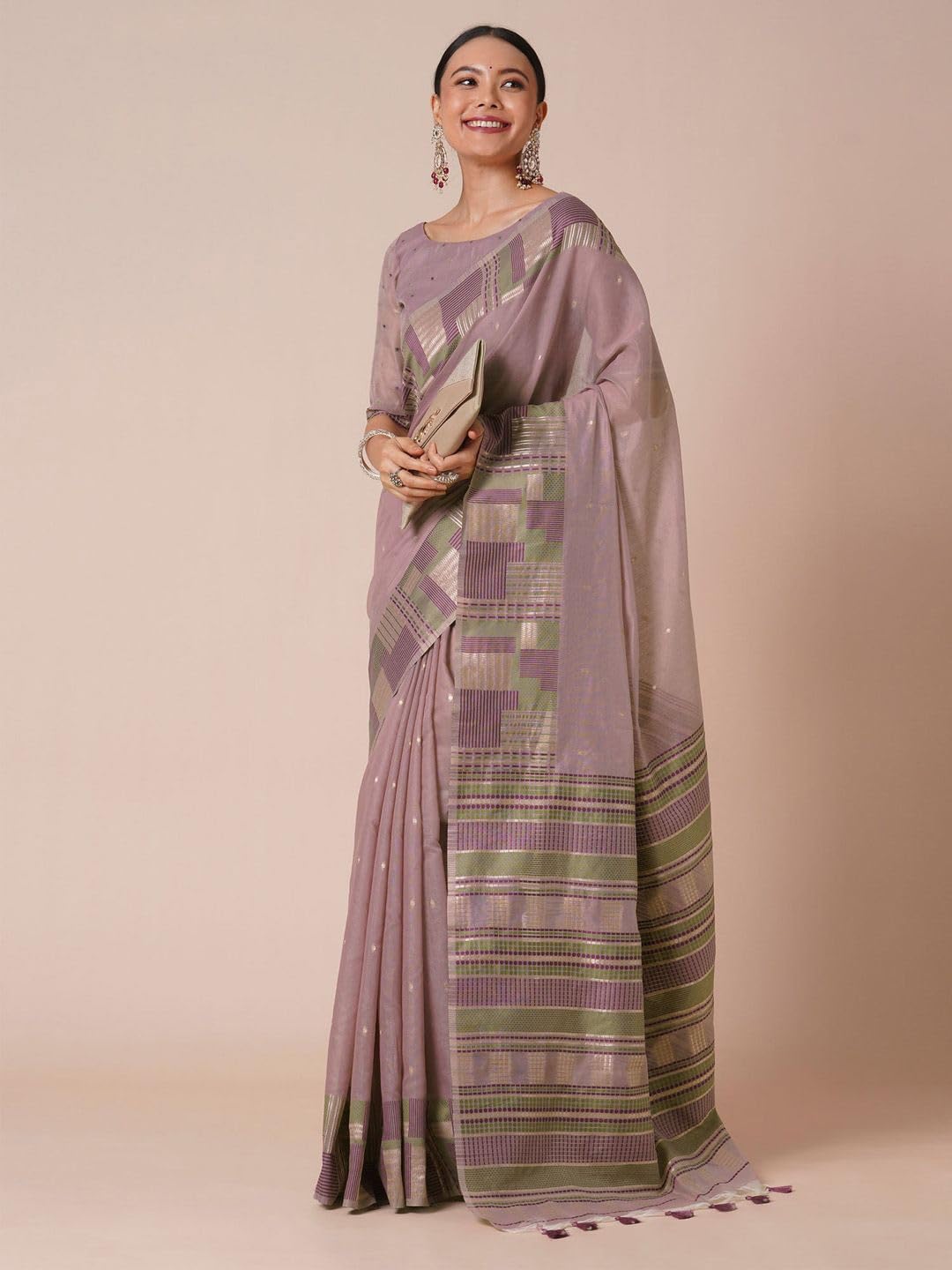 Sari da donna in cotone e seta con camicetta non cucita