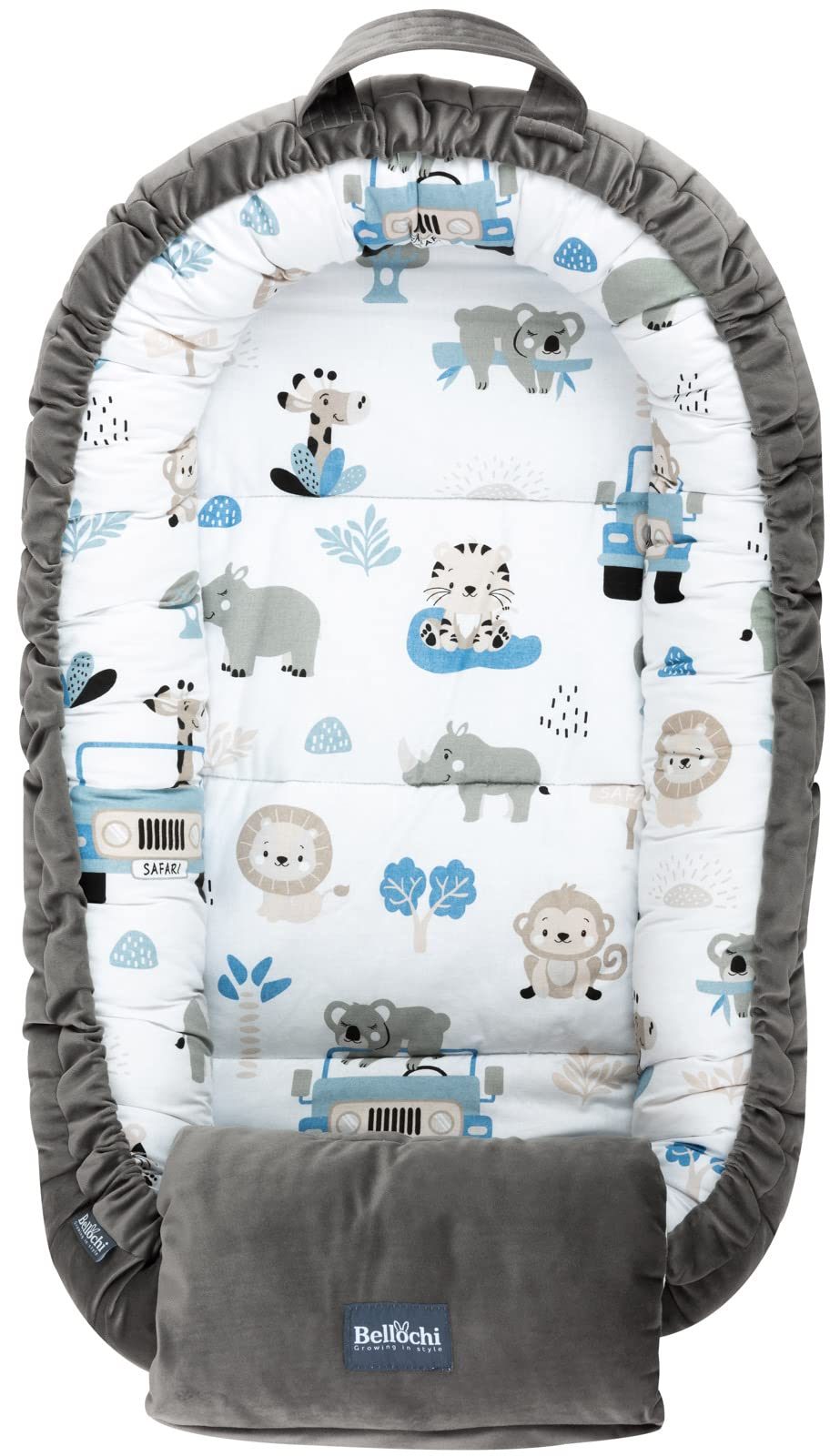 Bellochi reduktor łóżeczko dziecięce z poduszką na ramię - bawełna i aksamit - Cocoon reduktor do Baby Nest - 90 x 60 cm - Safari