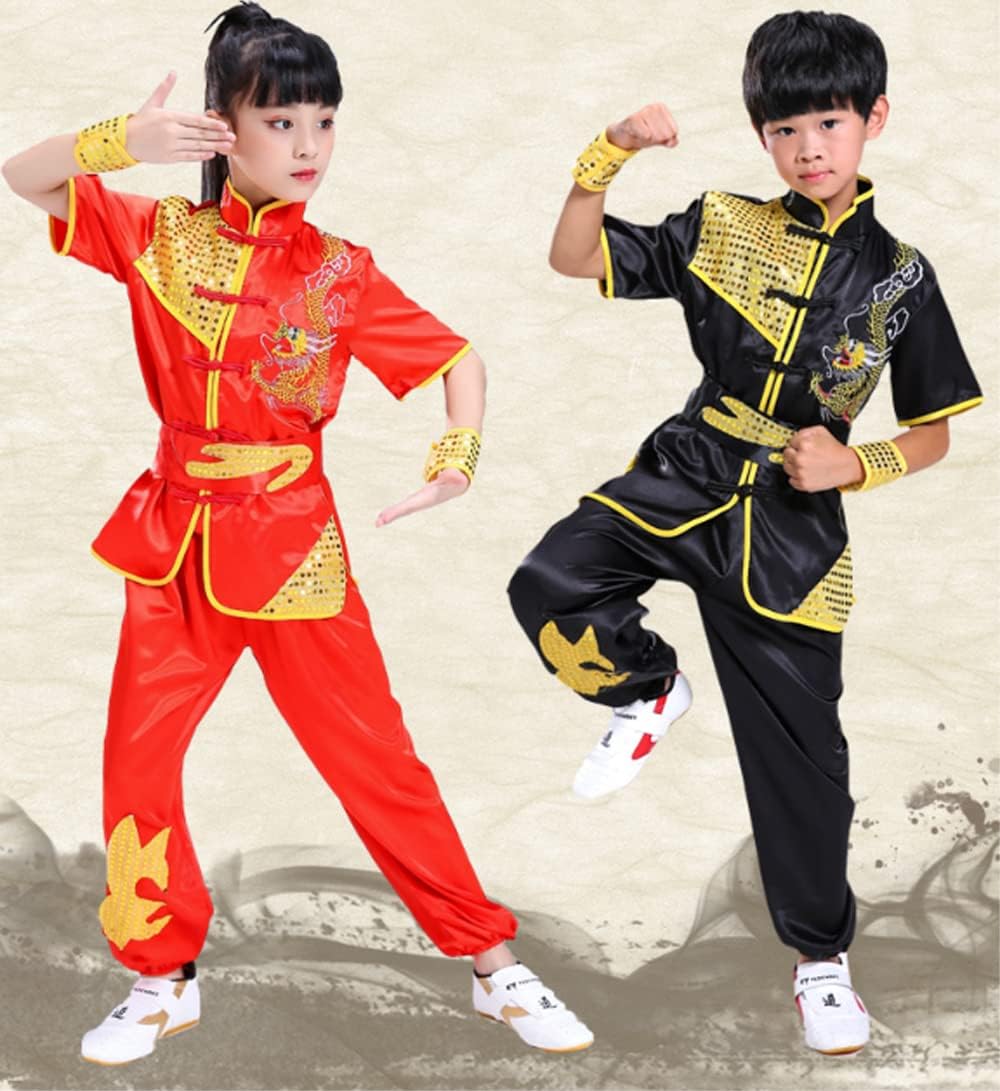 Boys Girls Kung Fu Master Tai Chi Dragon Chinese Uniform Top Shirt Pants Set Outfit