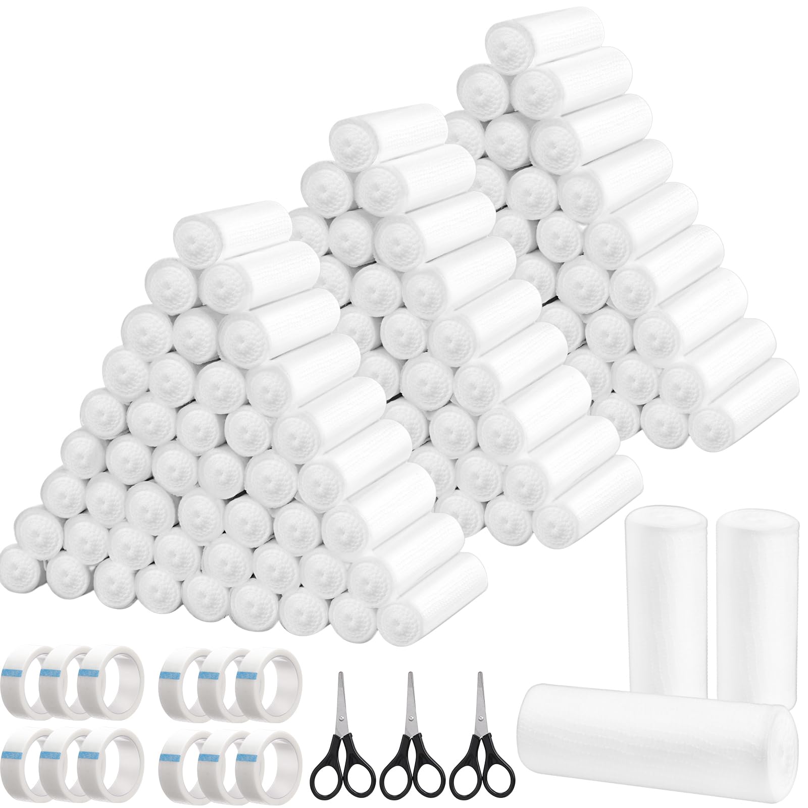 Timgle 120 Pack Gauze Rolls Bandages Set 4 in x 4.1 Yards Stretch Bandage White Rolled Breathable Gauze Wrap with 12 Non Woven Tape and 3 Black