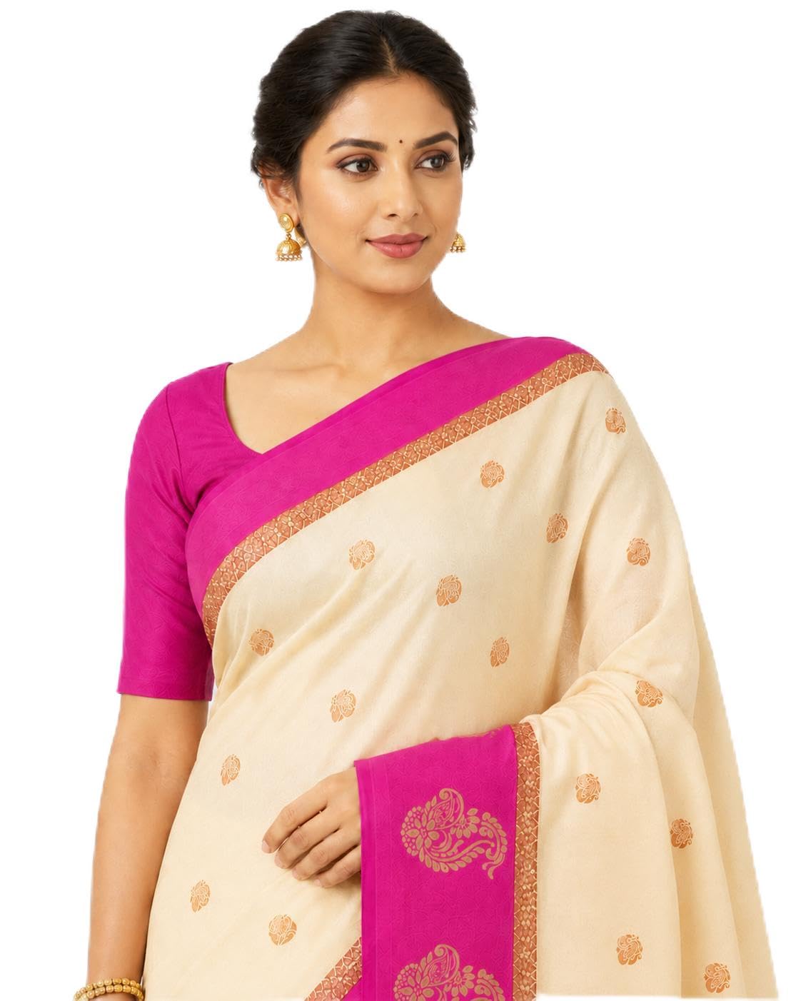 rivantah - where tradition meets trend Rivantah Women's Natural Cream Cotton Blend Saree with Rani Pink Border-picture-43