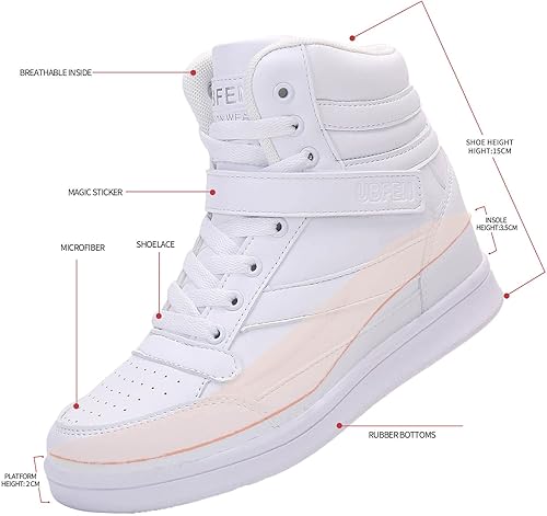 Miniatura 4 de UBFEN Tenis altos para mujer con tacón de cuña oculto, soporte de tobillo de 2 pulgadas, aumento de altura de los años 80, botas casuales retro