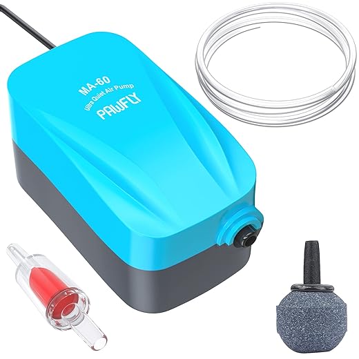 Pawfly Aquarium 15-40 GPH Compact Air Pump Quiet Oxygen Aerator Pump with Air Stone/Nano Bio Sponge Filter Airline Tubing and Check Valve Accessories for 3-20 Gallon Buckets and Fish Tanks