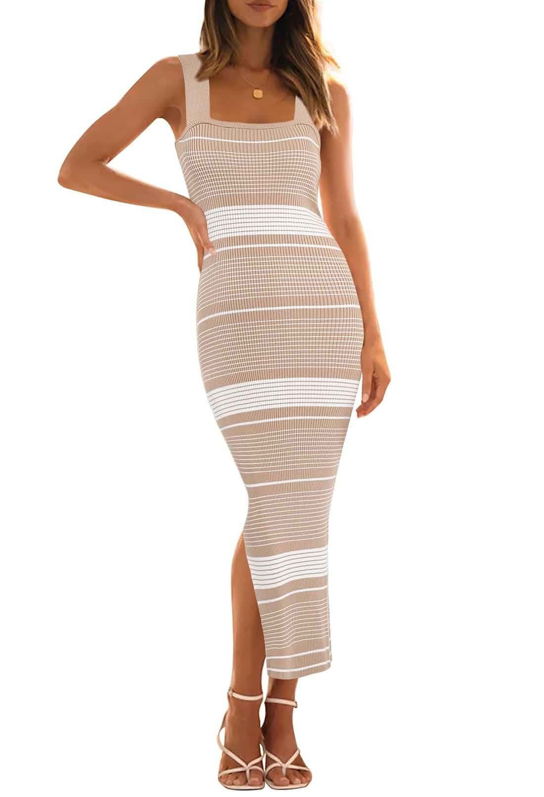 MEROKEETY Womens Summer Striped Bodycon Ribbed Knit Midi Sweater Dress 2026 Sleeveless Long Tank Dress, Soft, Stretchable, Maternity, Baby Shower, Gender Reveal, Bump Friendly, Beach, Vacation Outfit